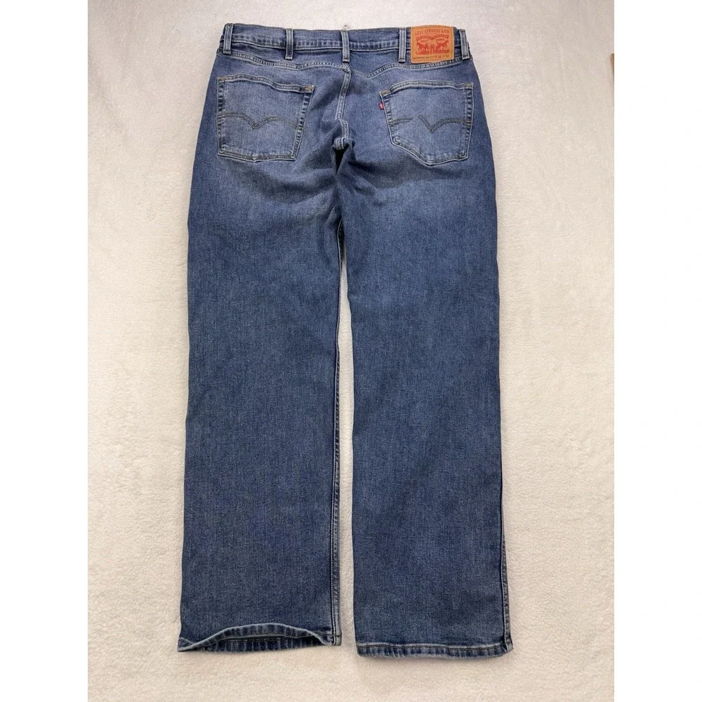 Levis Workwear Fit Jeans Men 38x32  Blue Straight Whisker Distress Stretch Denim